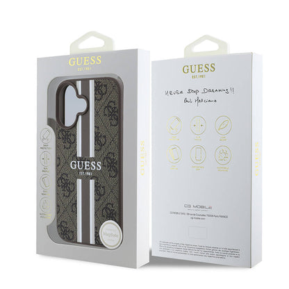 Custodia MagSafe per Apple iPhone 16, Guess, 4G Printed Stripes, Marrone