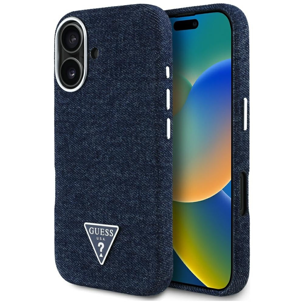 Coque MagSafe pour Apple iPhone 16, Guess, Logo Triangle en Denim, Bleue