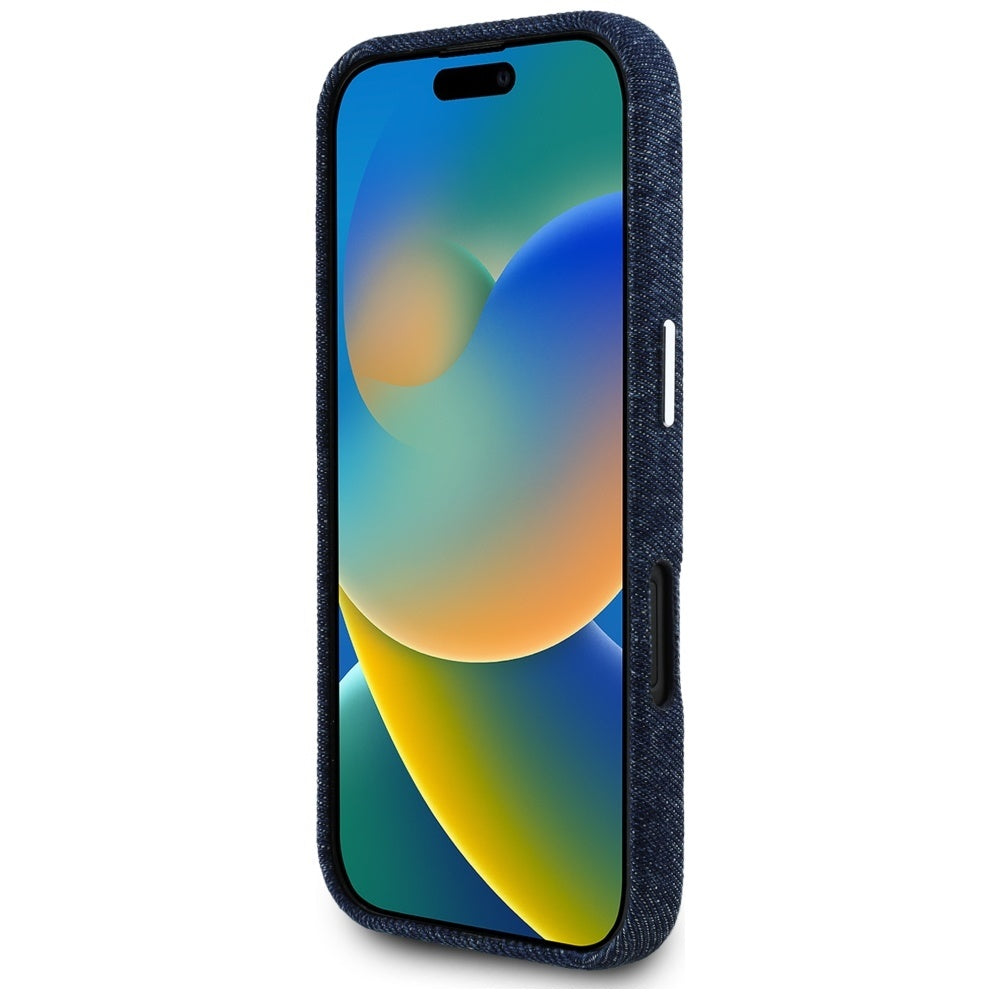 Coque MagSafe pour Apple iPhone 16, Guess, Logo Triangle en Denim, Bleue