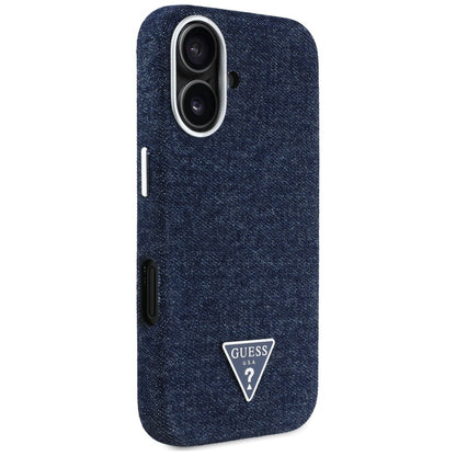 Coque MagSafe pour Apple iPhone 16, Guess, Logo Triangle en Denim, Bleue