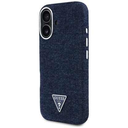 Coque MagSafe pour Apple iPhone 16, Guess, Logo Triangle en Denim, Bleue