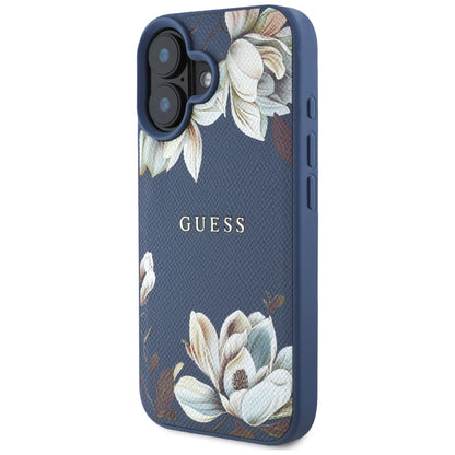 Coque MagSafe pour Apple iPhone 16, Guess, Grained Flowers, Bleue