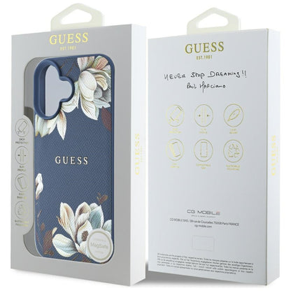 Coque MagSafe pour Apple iPhone 16, Guess, Grained Flowers, Bleue