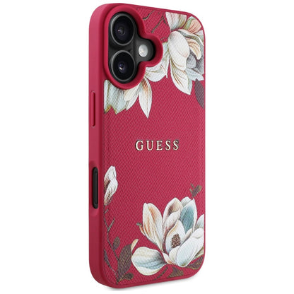 Coque MagSafe pour Apple iPhone 16, Guess, Grained Flowers, Fuchsia