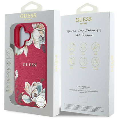 Coque MagSafe pour Apple iPhone 16, Guess, Grained Flowers, Fuchsia