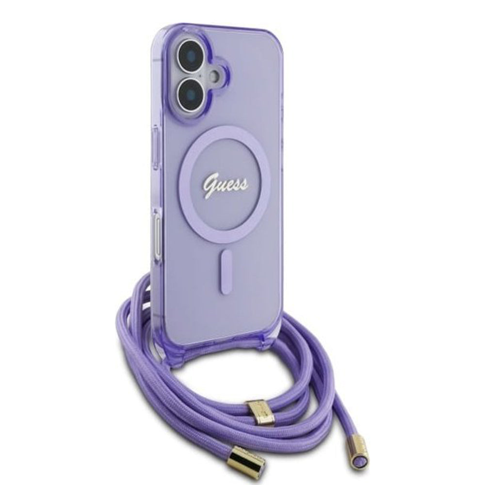 Étui MagSafe pour Apple iPhone 16, Guess, IML Crossbody Cord Script, Rose