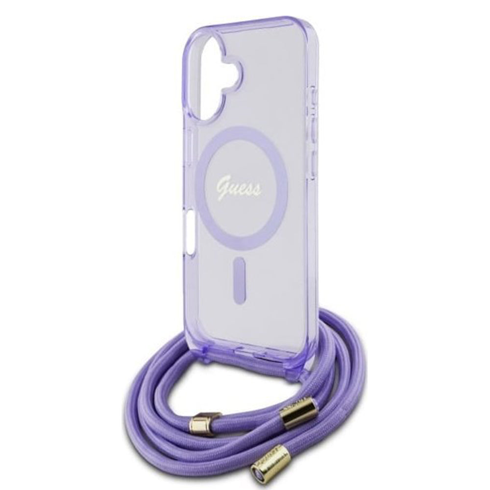 Étui MagSafe pour Apple iPhone 16, Guess, IML Crossbody Cord Script, Rose