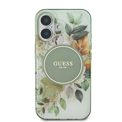 Coque MagSafe pour Apple iPhone 16, Guess, IML Flower & Tonal Circle, Vert