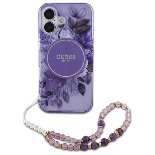Custodia MagSafe per Apple iPhone 16, Guess, IML Flowers with Pearl Strap, Viola