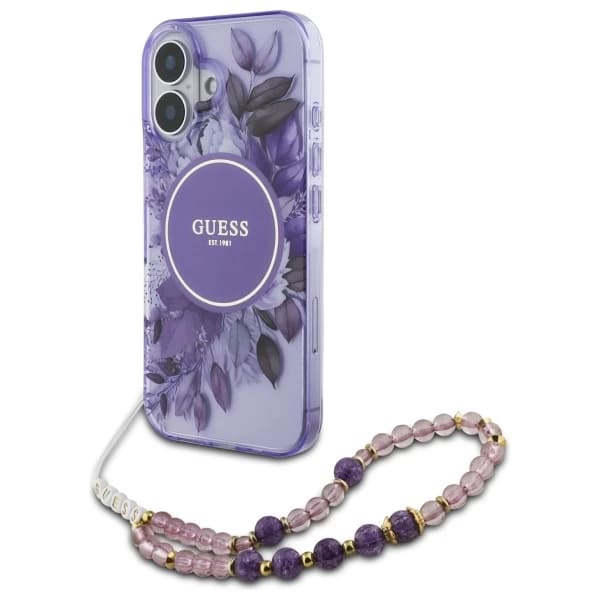 Custodia MagSafe per Apple iPhone 16, Guess, IML Flowers with Pearl Strap, Viola