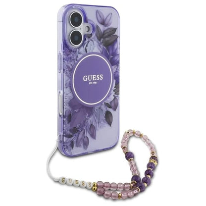 Custodia MagSafe per Apple iPhone 16, Guess, IML Flowers with Pearl Strap, Viola