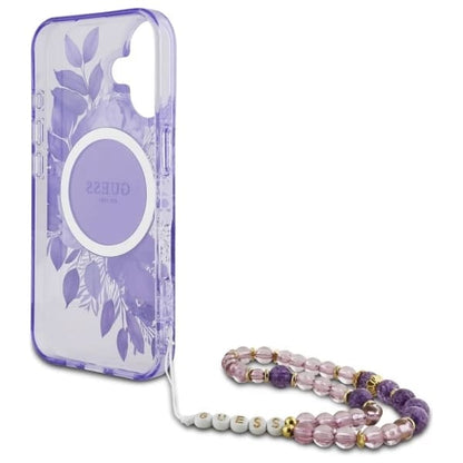 Custodia MagSafe per Apple iPhone 16, Guess, IML Flowers with Pearl Strap, Viola
