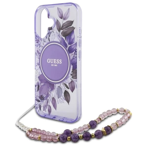 Custodia MagSafe per Apple iPhone 16, Guess, IML Flowers with Pearl Strap, Viola