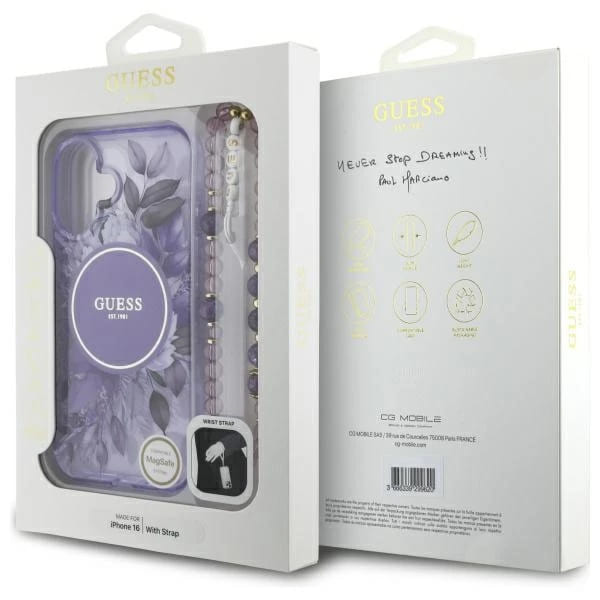 Custodia MagSafe per Apple iPhone 16, Guess, IML Flowers with Pearl Strap, Viola