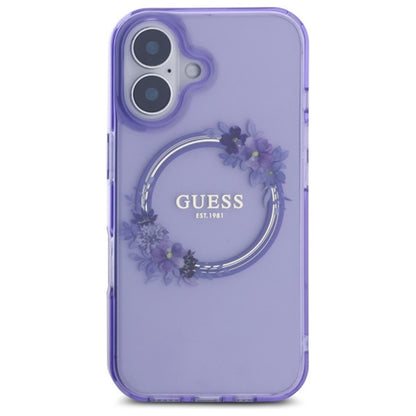 Étui MagSafe pour Apple iPhone 16, Guess, IML Couronne de Fleurs, Mauve