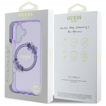 Étui MagSafe pour Apple iPhone 16, Guess, IML Couronne de Fleurs, Mauve