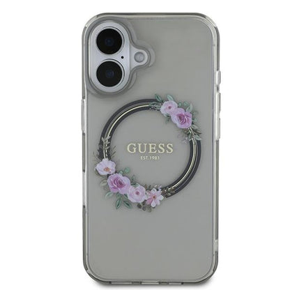 MagSafe Hülle für Apple iPhone 16, Guess, IML Flowers Wreath, Schwarz