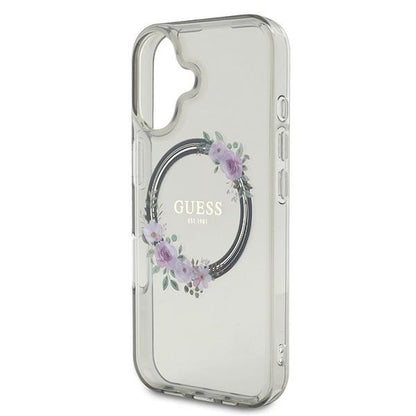 MagSafe Hülle für Apple iPhone 16, Guess, IML Flowers Wreath, Schwarz