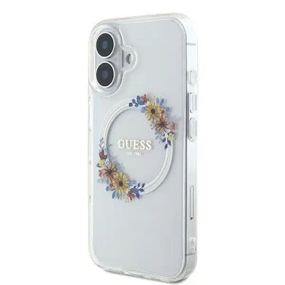 MagSafe Hülle für Apple iPhone 16, Guess, IML Flowers Wreath, Transparent