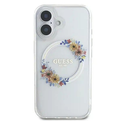MagSafe Hülle für Apple iPhone 16, Guess, IML Flowers Wreath, Transparent