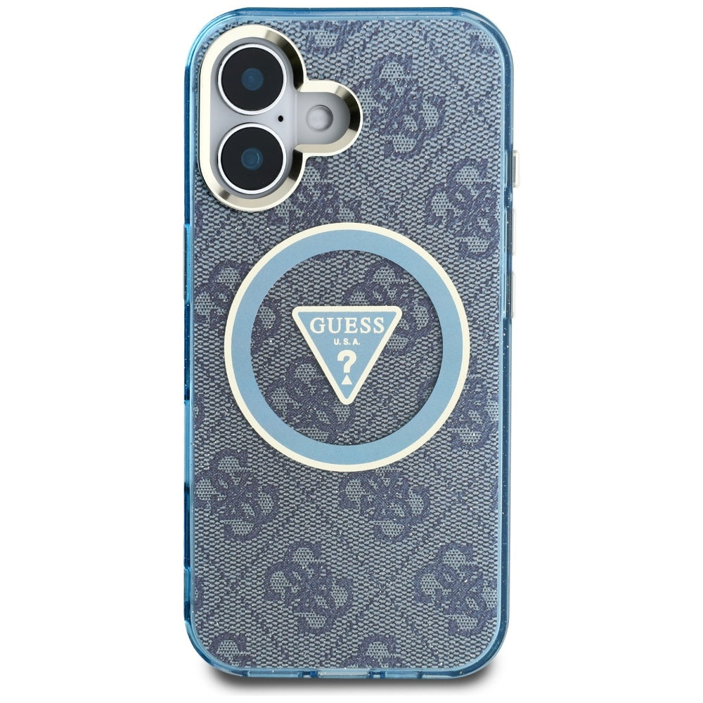 Custodia MagSafe per Apple iPhone 16, Guess, IML Glitter 4G Circle Triangle, Blu