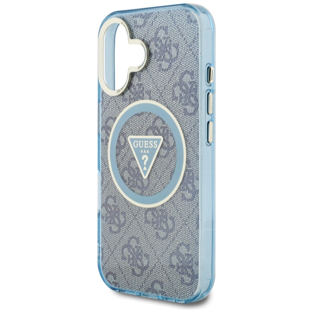 Custodia MagSafe per Apple iPhone 16, Guess, IML Glitter 4G Circle Triangle, Blu
