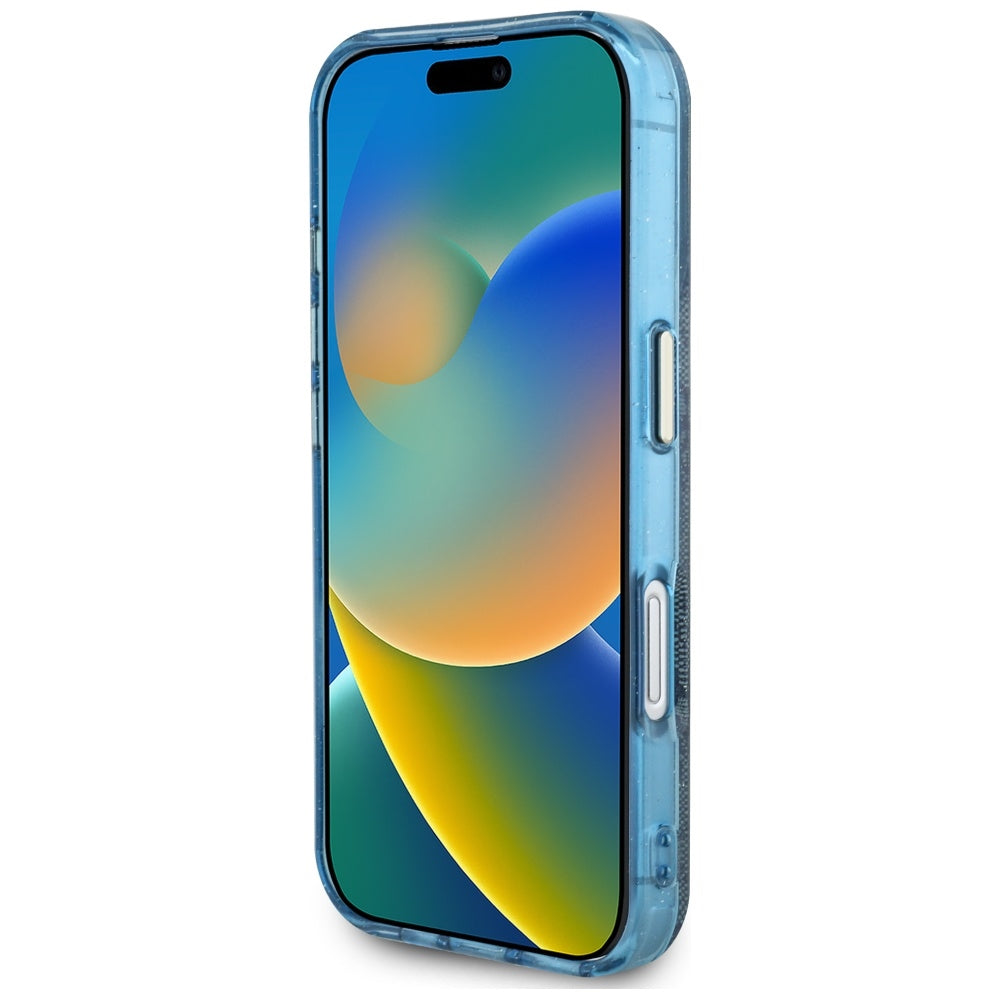 Custodia MagSafe per Apple iPhone 16, Guess, IML Glitter 4G Circle Triangle, Blu