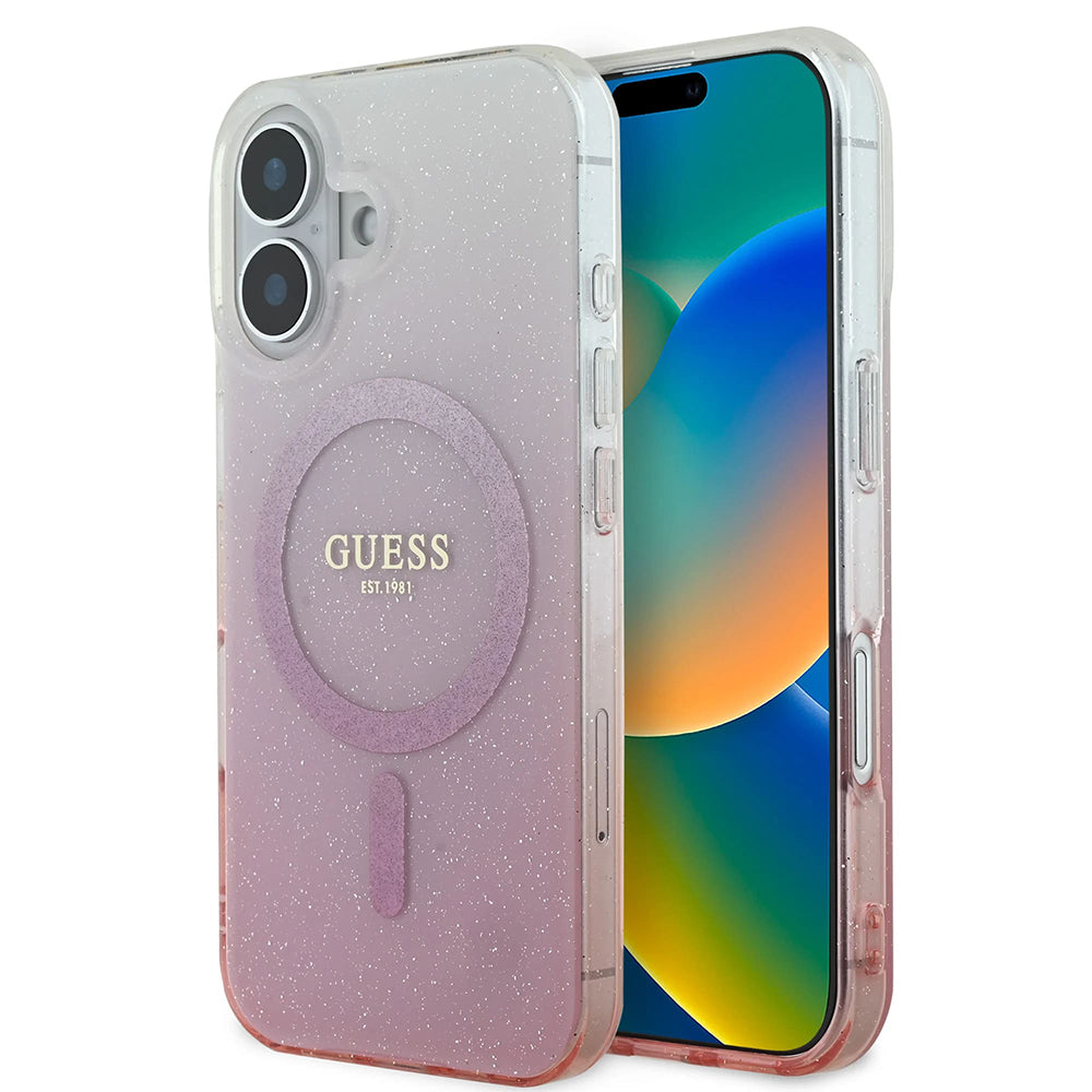 Étui MagSafe pour Apple iPhone 16, Guess, IML Glitter Gradient, Rose