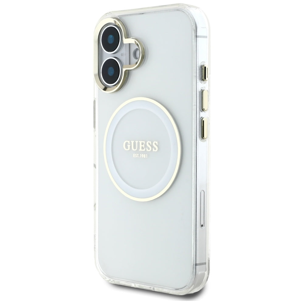 Coque MagSafe pour Apple iPhone 16, Guess, IML Metal Colored Circle, Blanche