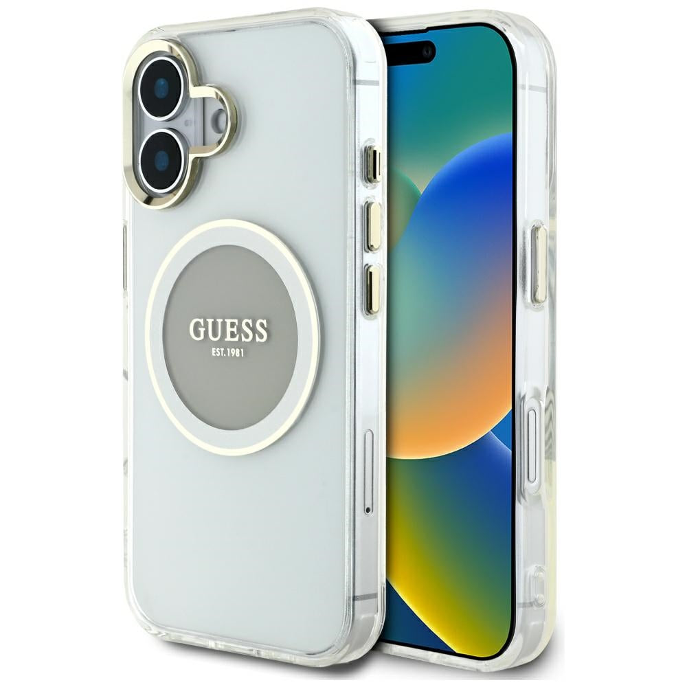Custodia MagSafe per Apple iPhone 16, Guess, IML Metal Colored Circle, Grigio
