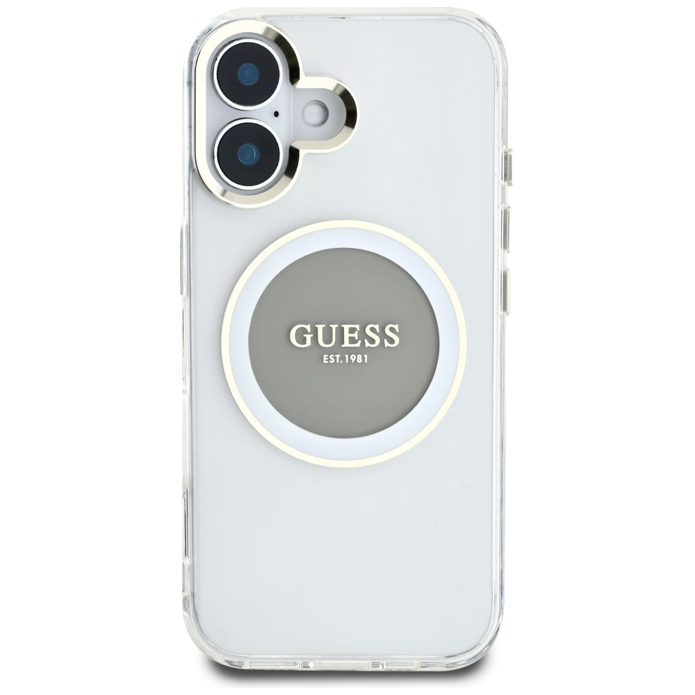 Custodia MagSafe per Apple iPhone 16, Guess, IML Metal Colored Circle, Grigio