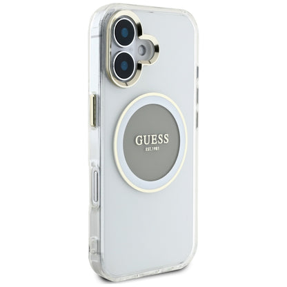 Custodia MagSafe per Apple iPhone 16, Guess, IML Metal Colored Circle, Grigio