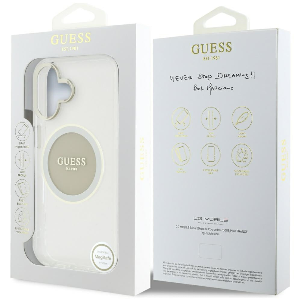 Custodia MagSafe per Apple iPhone 16, Guess, IML Metal Colored Circle, Grigio