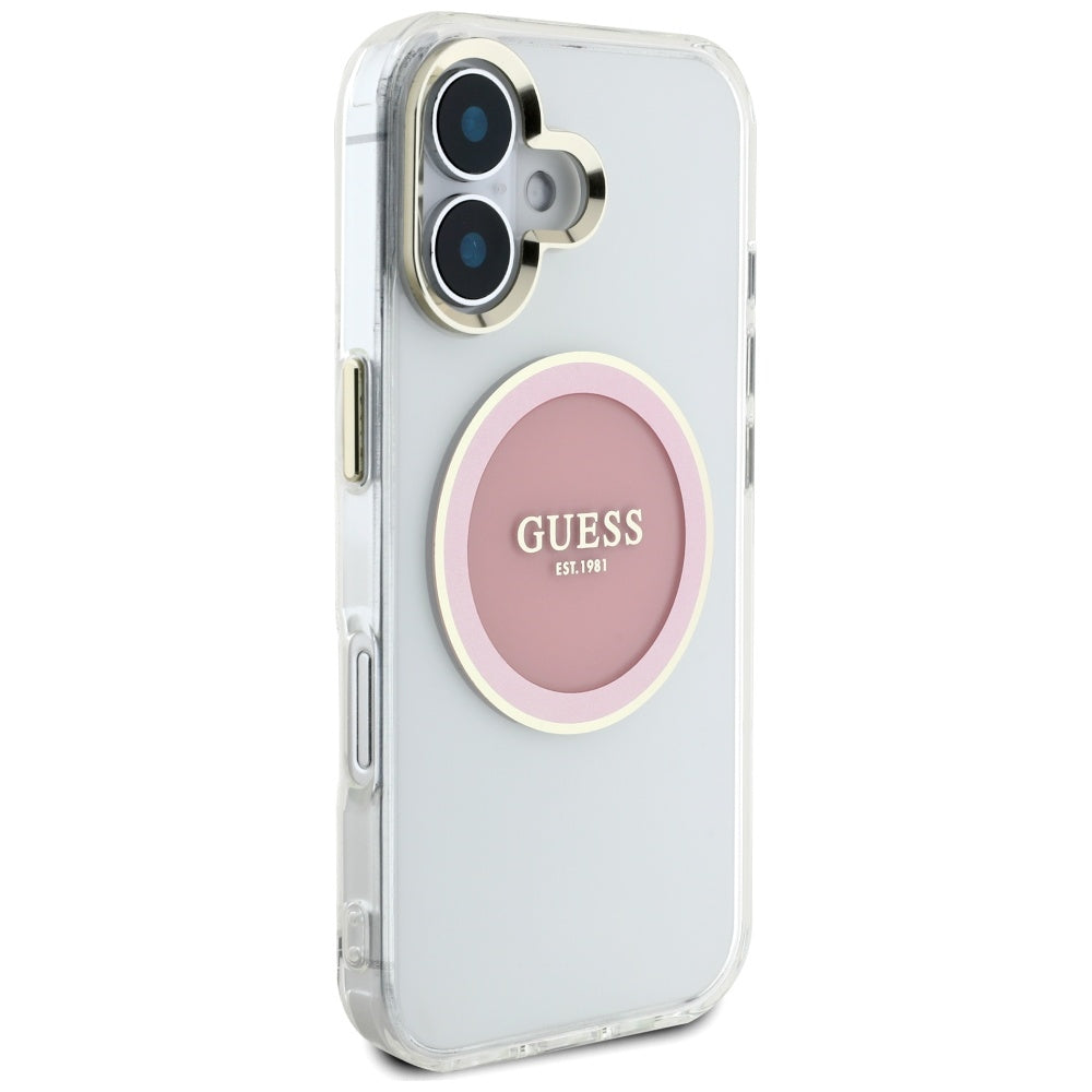 Custodia MagSafe per Apple iPhone 16, Guess, IML Metal Colored Circle, Rosa