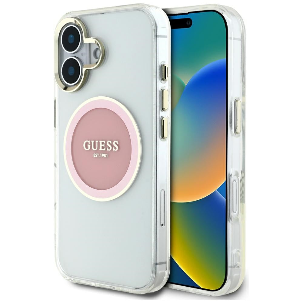 Custodia MagSafe per Apple iPhone 16, Guess, IML Metal Colored Circle, Rosa
