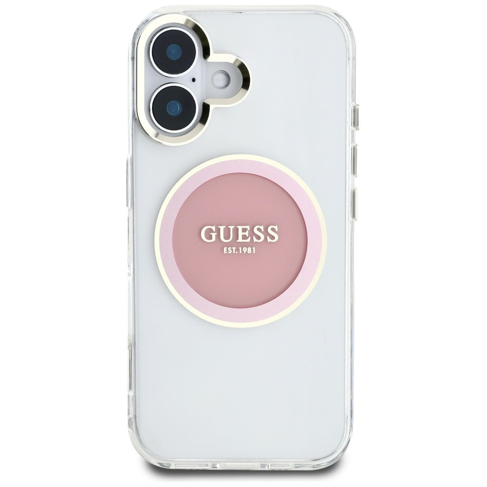 Custodia MagSafe per Apple iPhone 16, Guess, IML Metal Colored Circle, Rosa