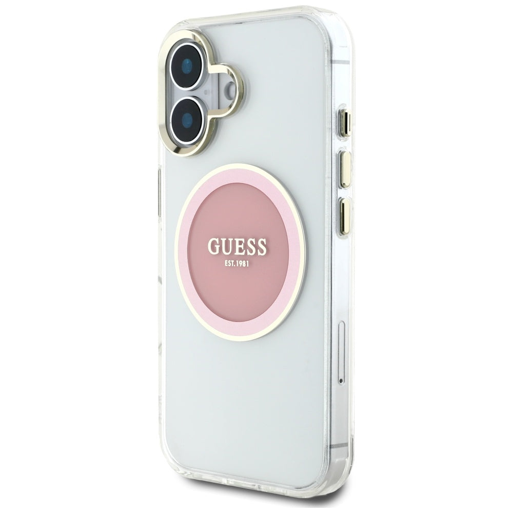 Custodia MagSafe per Apple iPhone 16, Guess, IML Metal Colored Circle, Rosa