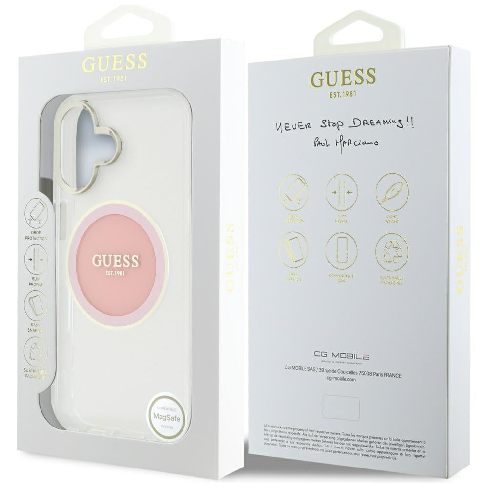 Custodia MagSafe per Apple iPhone 16, Guess, IML Metal Colored Circle, Rosa