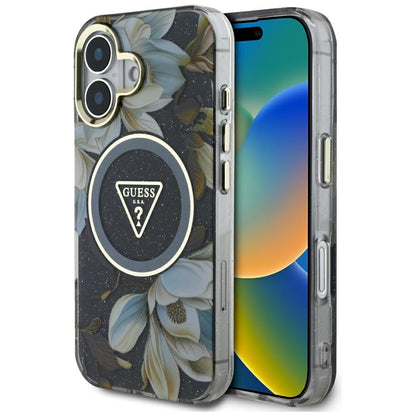 Coque MagSafe pour Apple iPhone 16, Guess, IML Metal Glitter Flowers Triangle, Noire