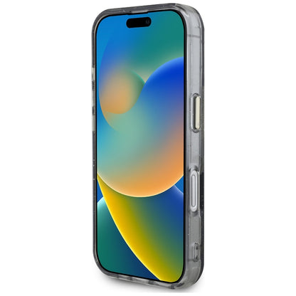 Coque MagSafe pour Apple iPhone 16, Guess, IML Metal Glitter Flowers Triangle, Noire