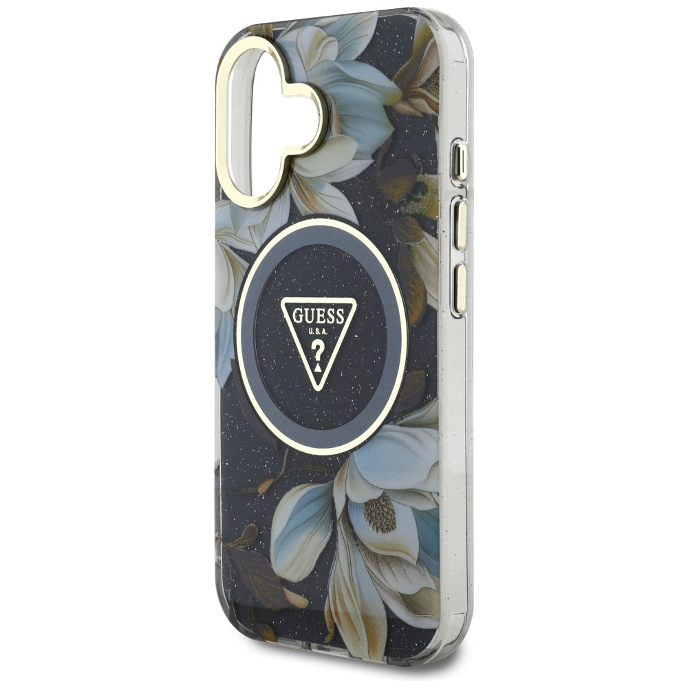 Coque MagSafe pour Apple iPhone 16, Guess, IML Metal Glitter Flowers Triangle, Noire