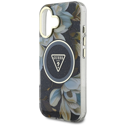 Coque MagSafe pour Apple iPhone 16, Guess, IML Metal Glitter Flowers Triangle, Noire
