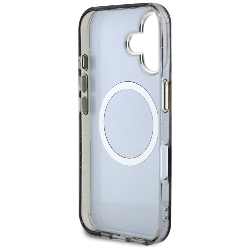 Coque MagSafe pour Apple iPhone 16, Guess, IML Metal Glitter Flowers Triangle, Noire