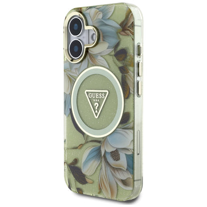 Custodia MagSafe per Apple iPhone 16, Guess, IML Metal Glitter Flowers Triangle, Verde