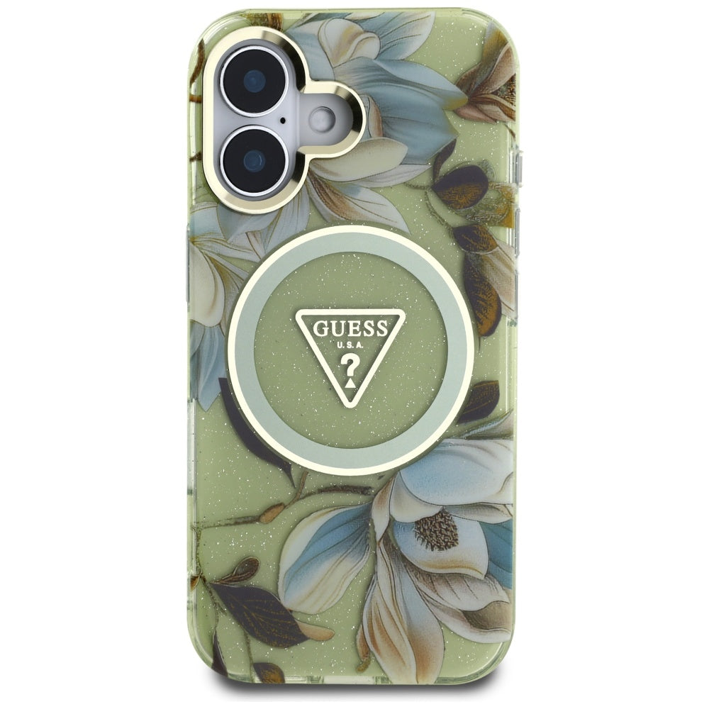 Custodia MagSafe per Apple iPhone 16, Guess, IML Metal Glitter Flowers Triangle, Verde