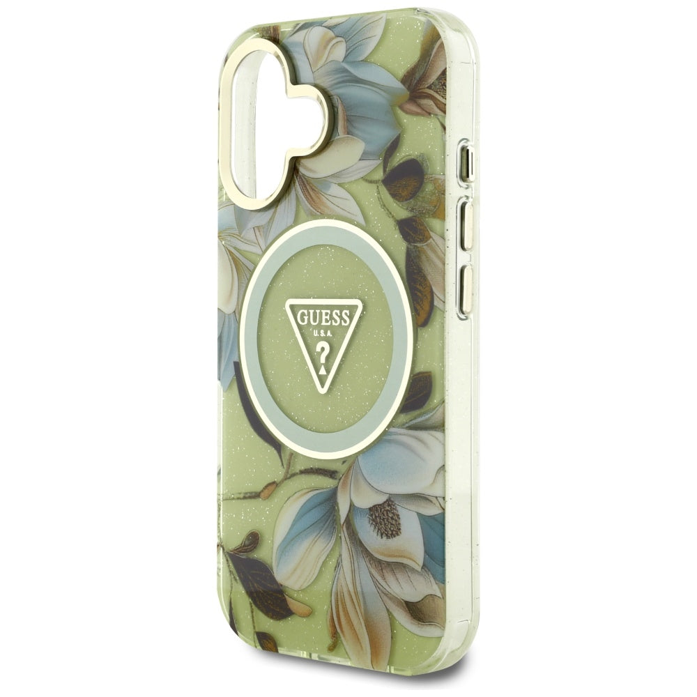 Custodia MagSafe per Apple iPhone 16, Guess, IML Metal Glitter Flowers Triangle, Verde