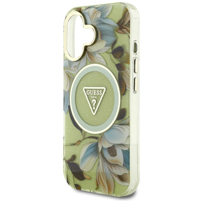 Custodia MagSafe per Apple iPhone 16, Guess, IML Metal Glitter Flowers Triangle, Verde