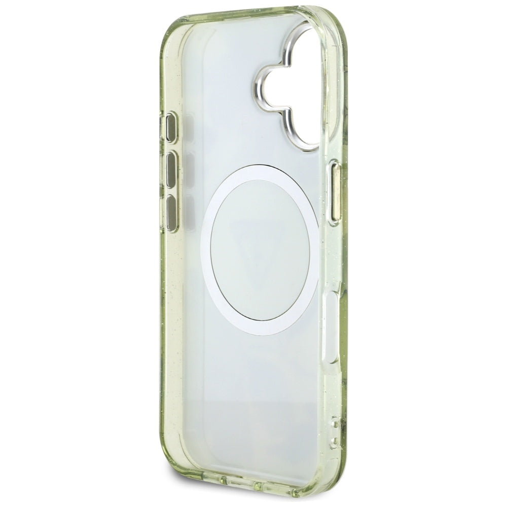 Custodia MagSafe per Apple iPhone 16, Guess, IML Metal Glitter Flowers Triangle, Verde