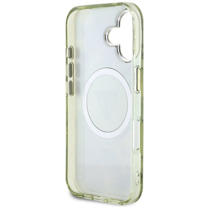 Custodia MagSafe per Apple iPhone 16, Guess, IML Metal Glitter Flowers Triangle, Verde