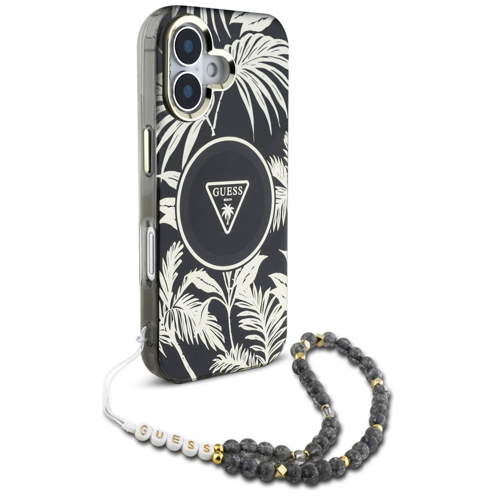 Custodia MagSafe per Apple iPhone 16, Guess, IML Palm Trees Triangle con Cinturino di Perle, Nera
